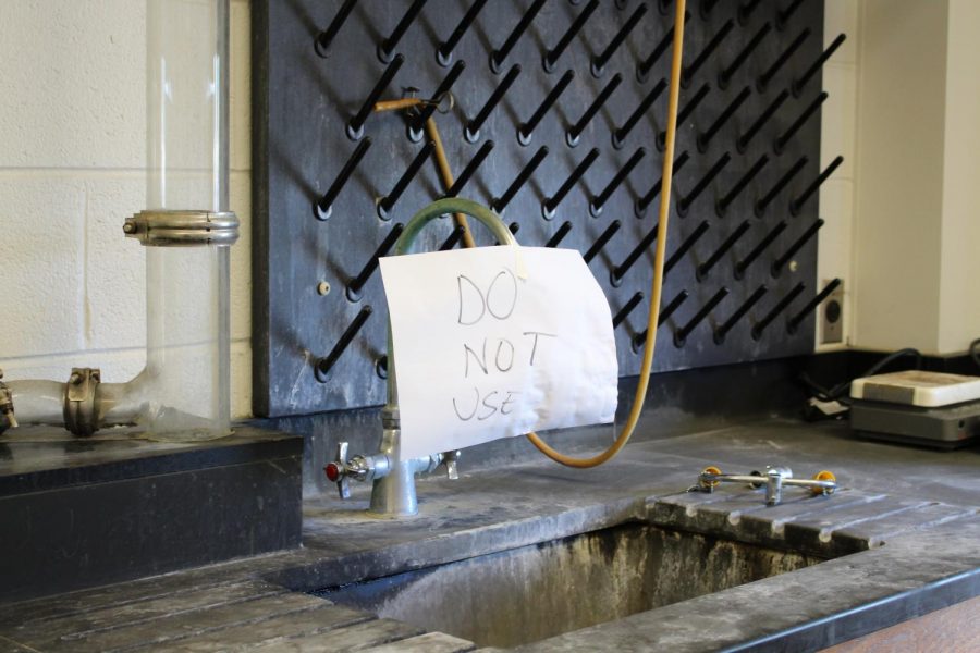 Broken sink in Science North Building laboratory.