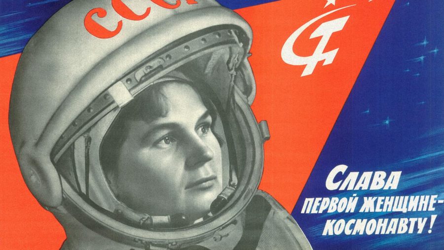 A Soviet propaganda poster featuring Valentina Tereshkova, the first woman in space.