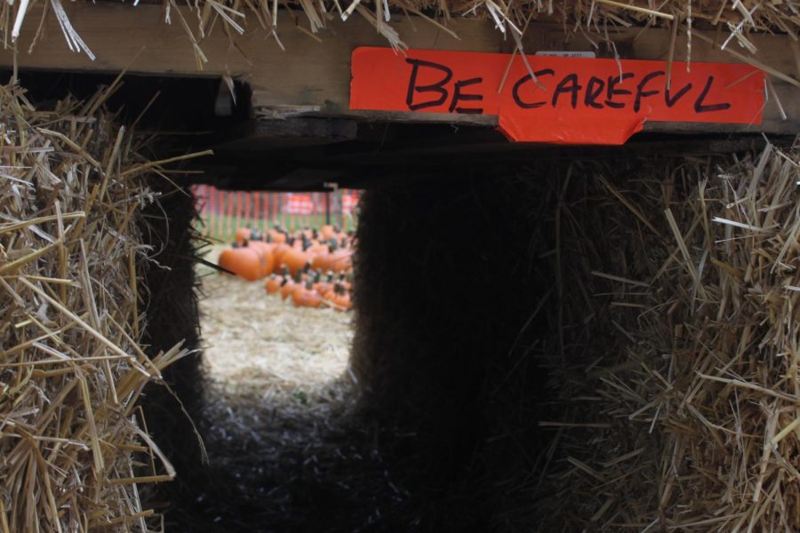 The entrance of a dark hay with BE CAREFUL sign looking at the pumpkins.