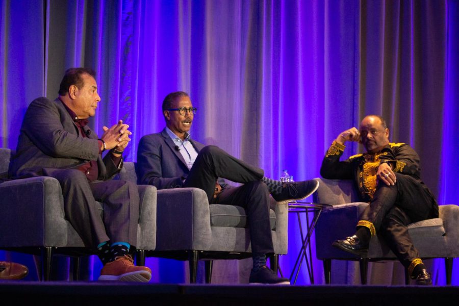 (left to right) John Quinones, Bill Whitaker and Roland Martin hold a panel after delivering their keynote speeches.
