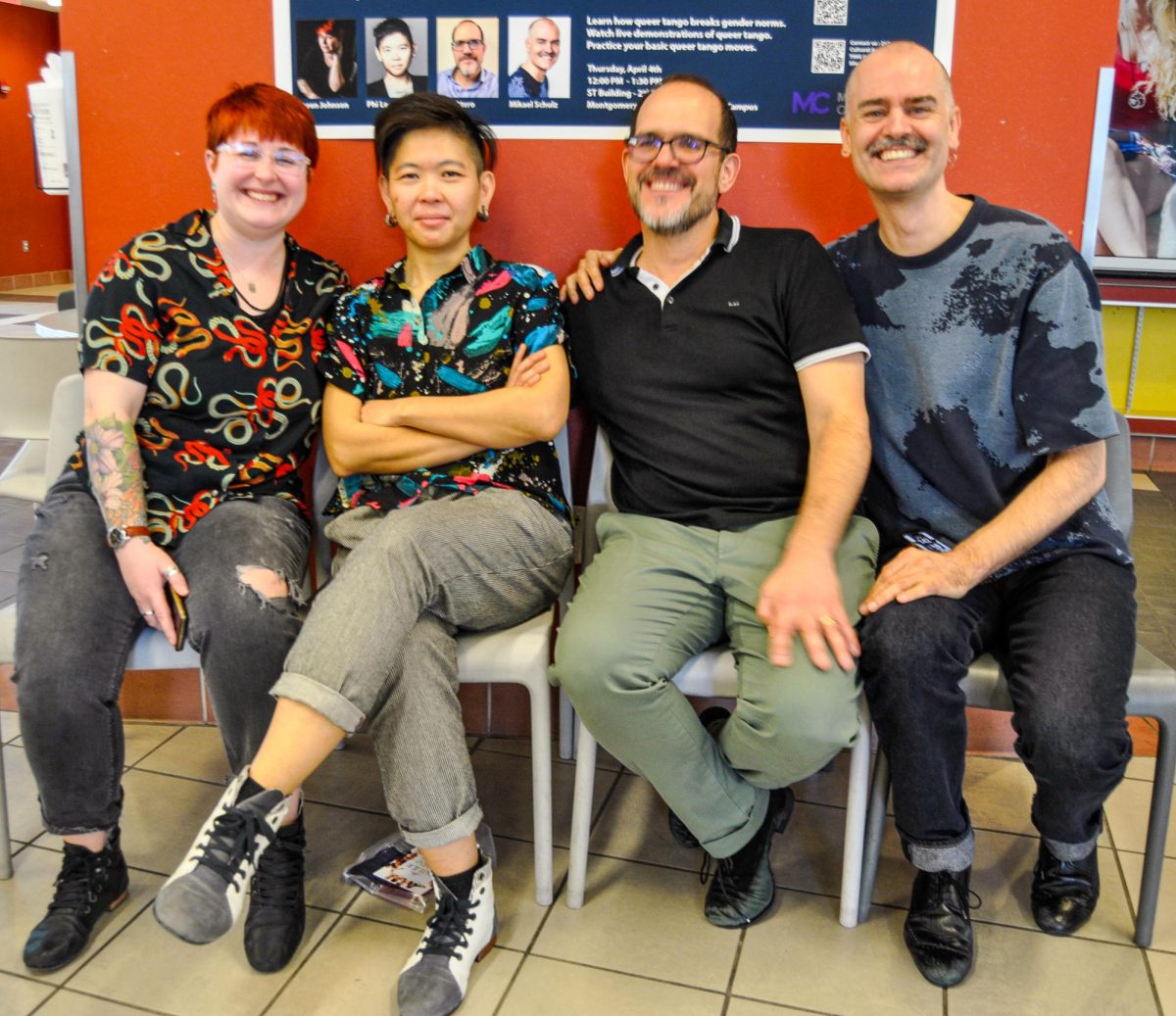 All four presenters Karen Johnson, Phi Lee Lam, Jose Otero, and Mikael Schulz (left to right) pose for a snapshot following the Queer Tango Workshop at MC on April 4