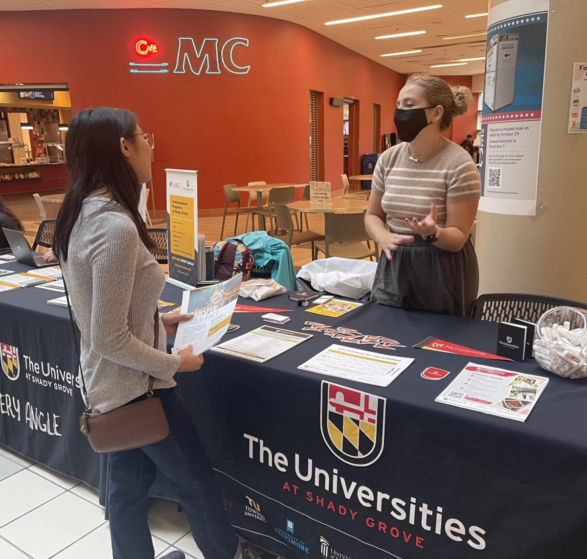 Celia Burns, left, a general studies student, listens as Mary Kate Luft, right, manager at the Recruitment and Transfer Access Center for the Universities at Shady Grove, discusses the USG transfer process.