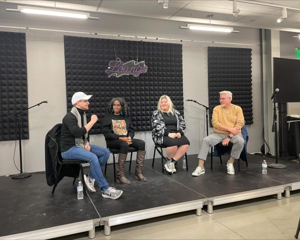 Filmmaker Mark Ricche shares his early filmmaking experiences at the MC Short Film Festival on Nov. 21 at the Cultural Arts Building in the Takoma Park campus. Listening to Ricche from second left are local filmmakers Alyscia Cunningham, Kerri Sheehan, and Jon Gann.