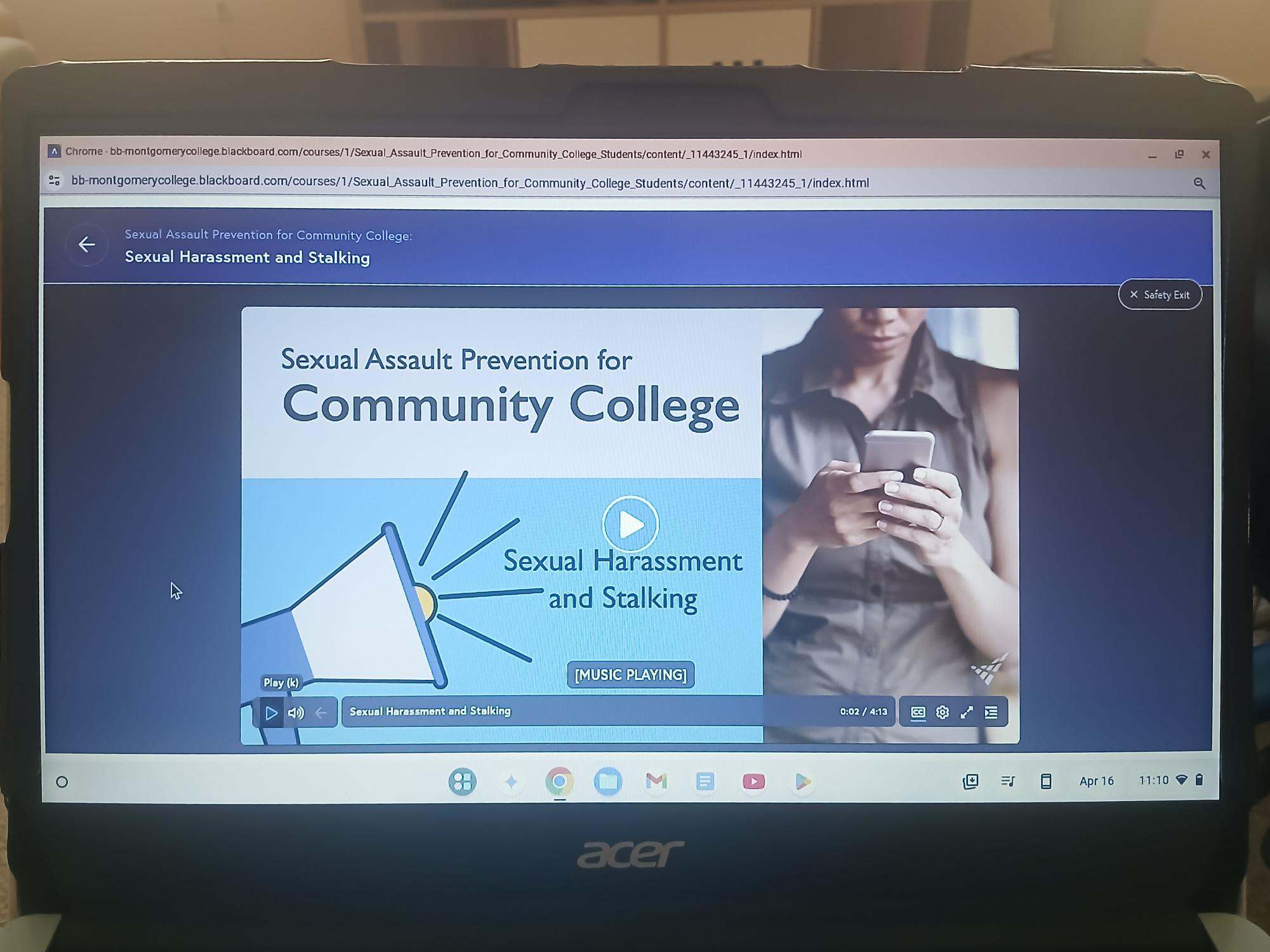 The Sexual Harassment and Stalking module teaches prevention strategies, including verbal techniques to address harassment directly, as seen during the course on April 16.