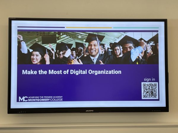 The first slide of the presentation, Make the Most of Digital Organization, projects through the TV for the March 12 ATPA Learning Community Hour in the Leggett Building.